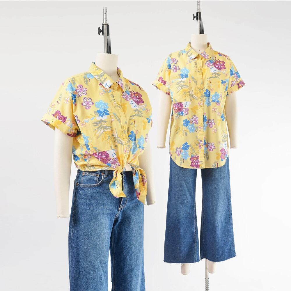 Vintage 90s Yellow Hawaiian Shirt Tropical Hibiscus Short Sleeve Blouse M L